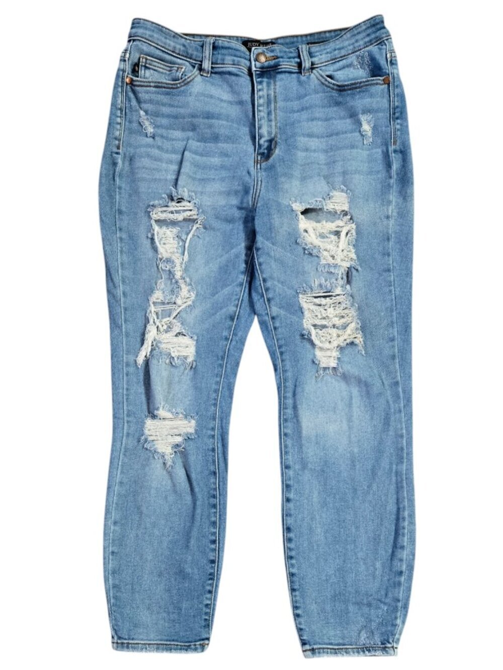 Judy Blue Distressed Boyfriend Fit Cropped Jeans Medium Wash Stretch JB82170LT